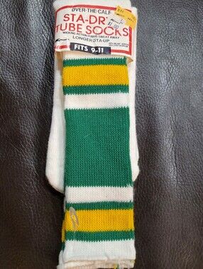 Vintage NOS STA-DRI Tube Socks - White with Green & Yellow Stripes (Men's)